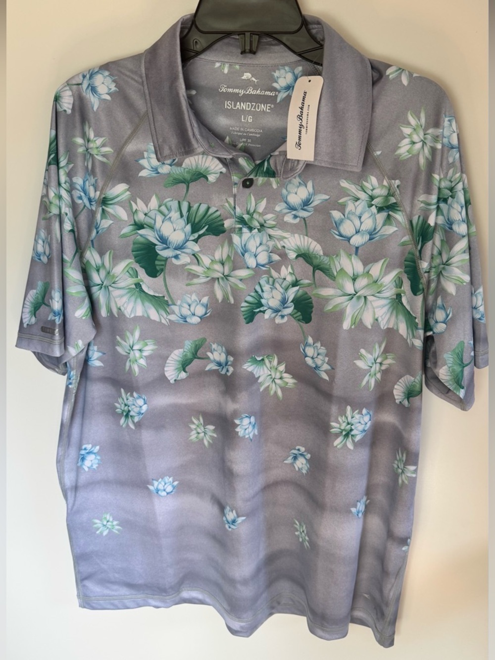 Tommy Bahama IslandZone Polo Shirt Large Gray Floral Performance Golf Stretch